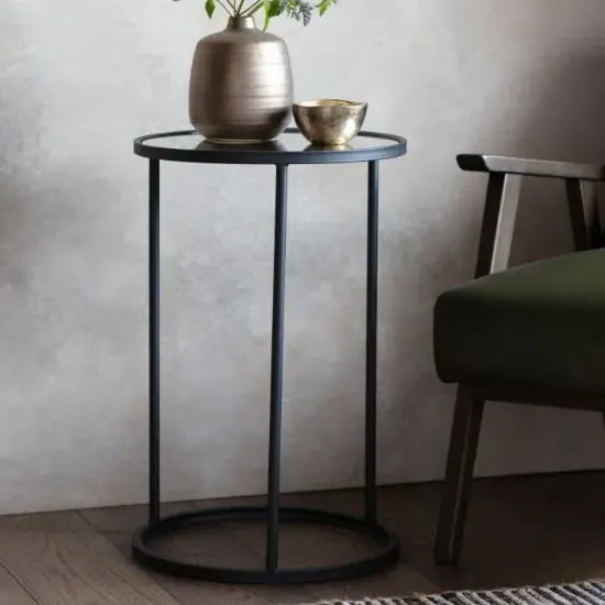 Hutten Round Side Table - Clear Glass, Black Metal