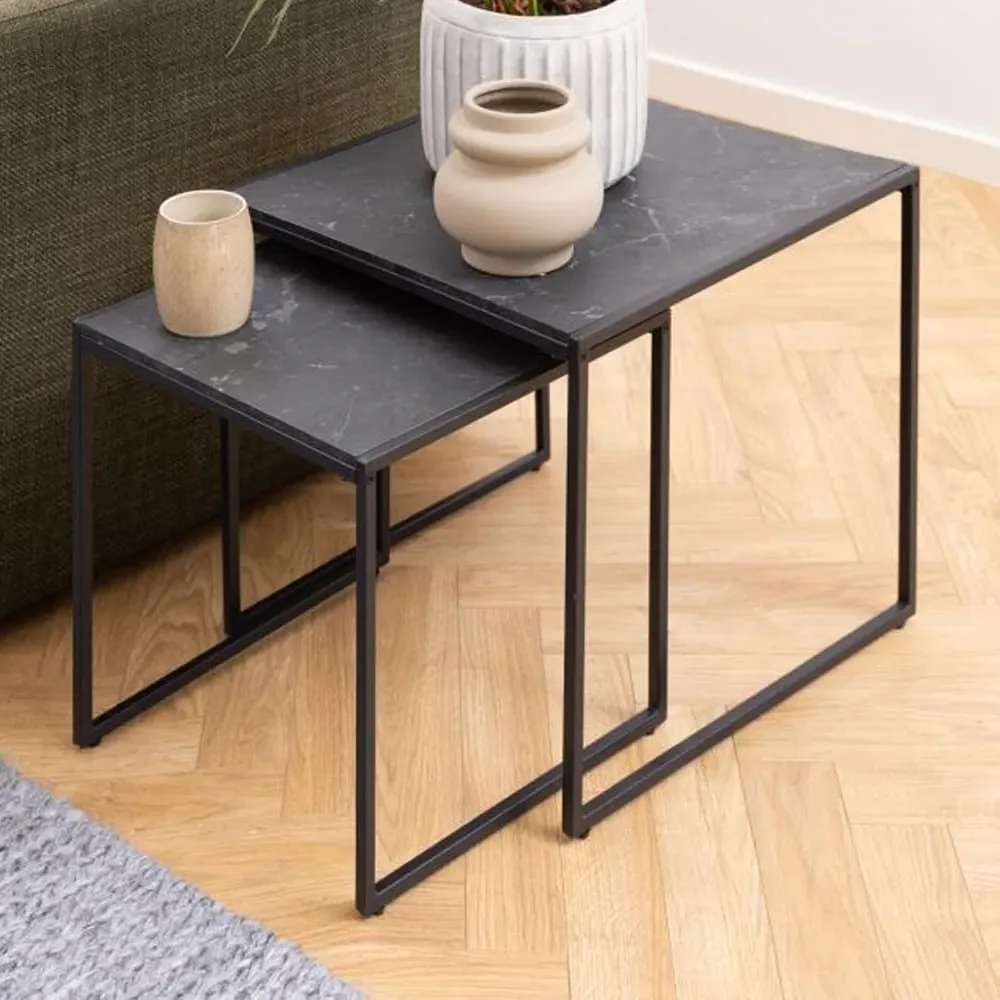 Ibiza Nest of 2 Tables - Black, Marble Effect
