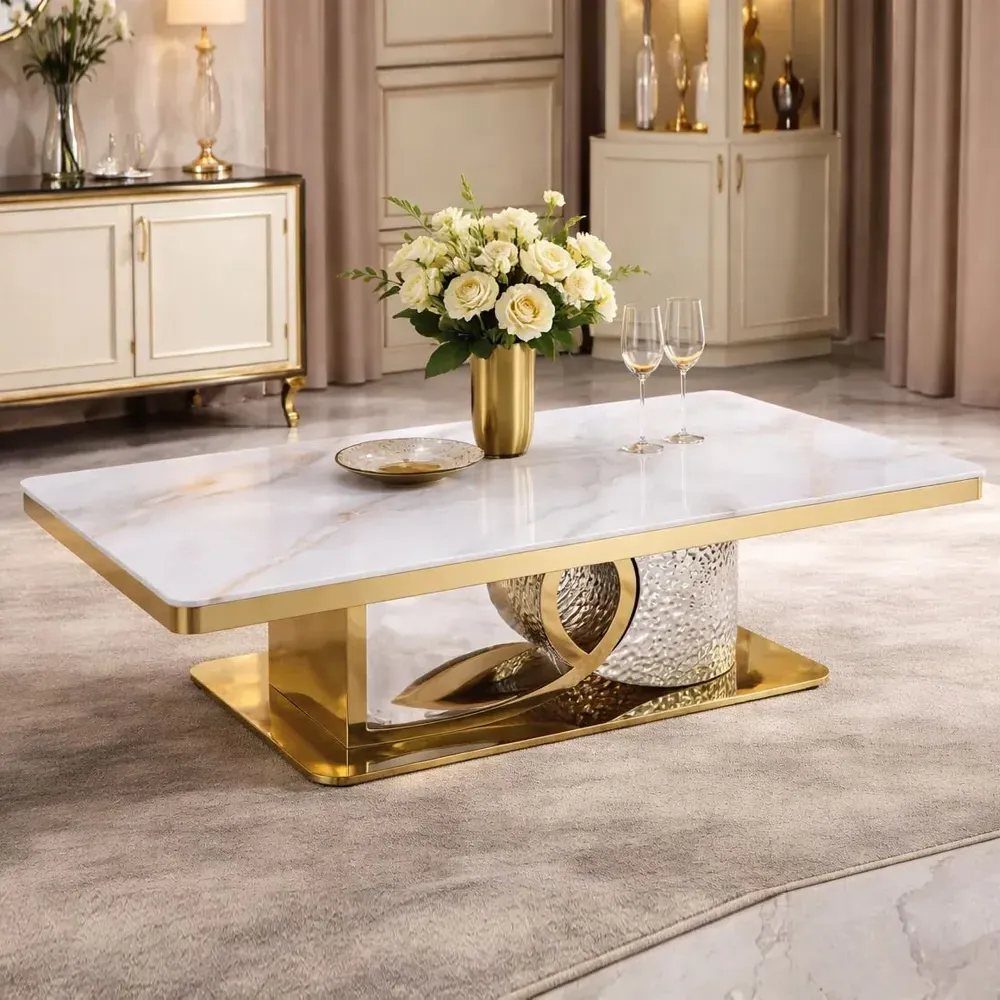 Ilsero Coffee Table Hammered Design - White Sintered Stone, Gold product