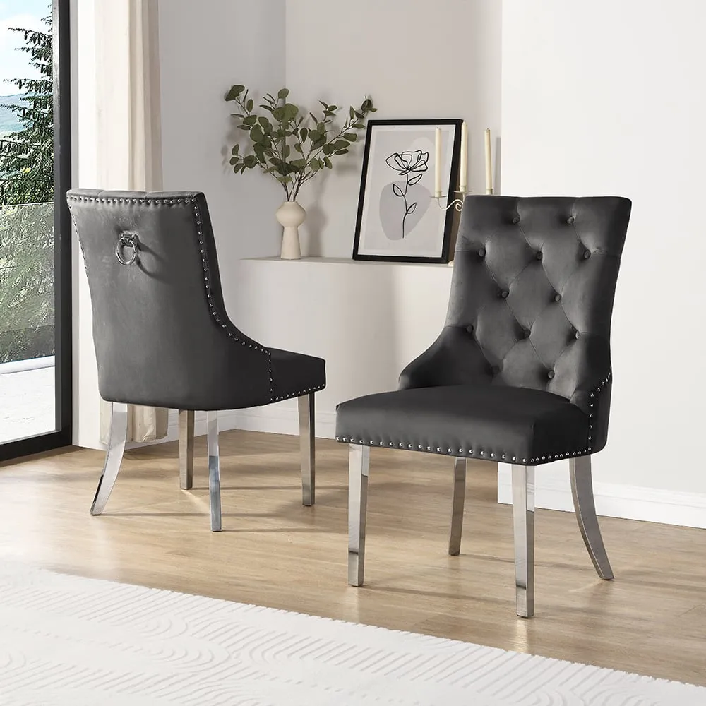 Imperial Button Back Dining Chairs Pair - Black, Velvet