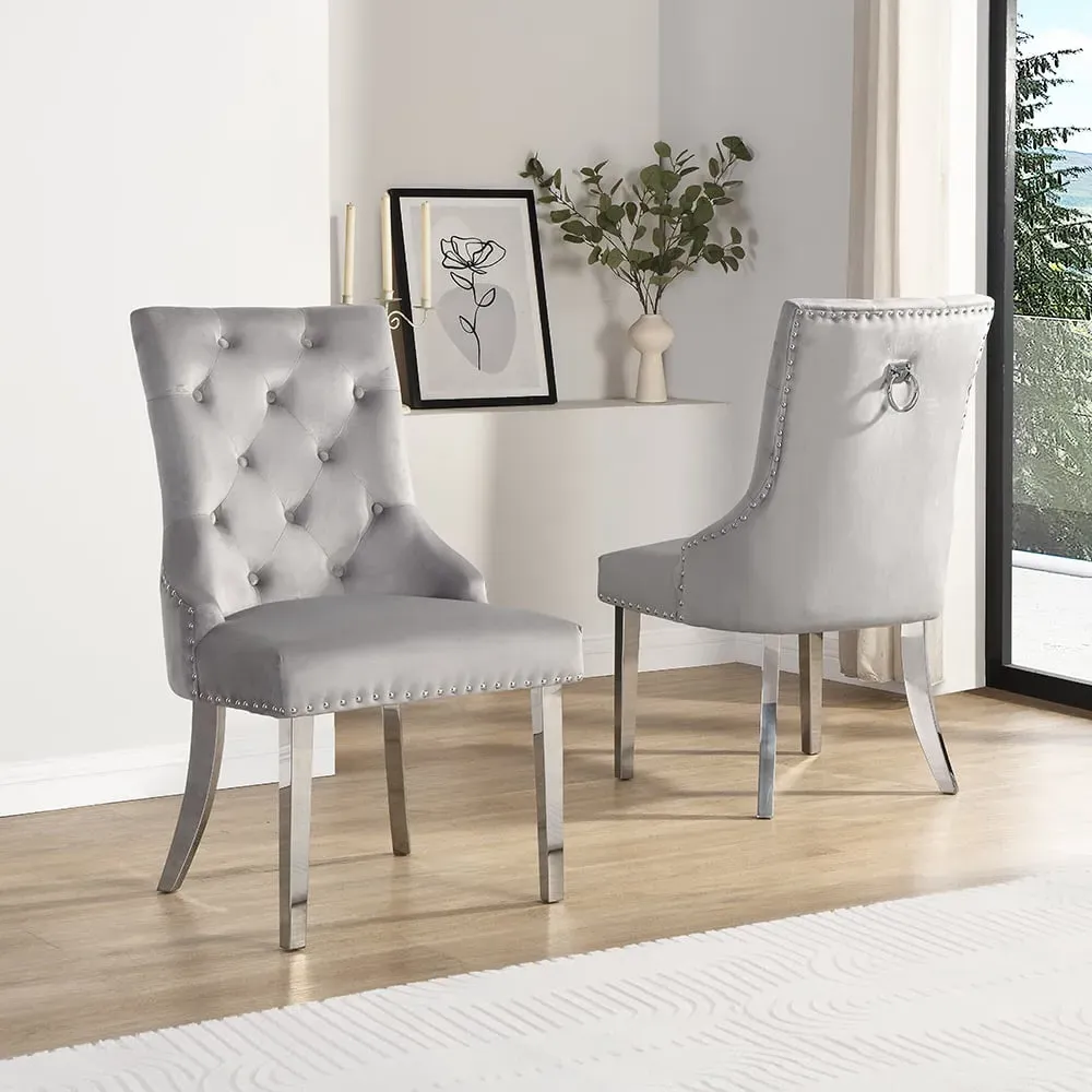 Imperial Button Back Dining Chairs Pair - Grey, Velvet