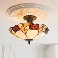 Ingram 3 Light Tiffany Glass Semi Flush Ceiling Light - Black
