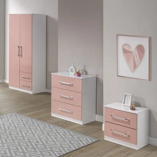 Ingrid 3-Piece Bedroom Furniture Set - White, Pink High Gloss image