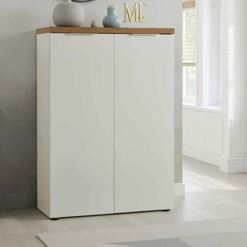 Inverness Shoe Cabinet with 2 Doors and Oak Top - White, High Gloss product