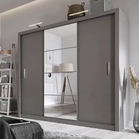 Ionia 3-Door Wardrobe with Mirror - Matt Grey, Wood image