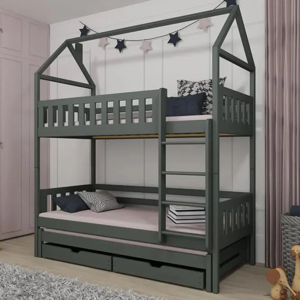 Irmo Bunk Bed with Trundle & Mattresses - Graphite, Pine