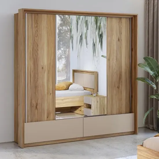 Irving Wide Mirrored Wardrobe with 2 Sliding Doors - Mauvella Oak