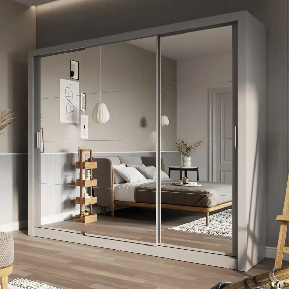 Ithaca 3-Door Mirrored Wardrobe with Sliding Doors - Grey image