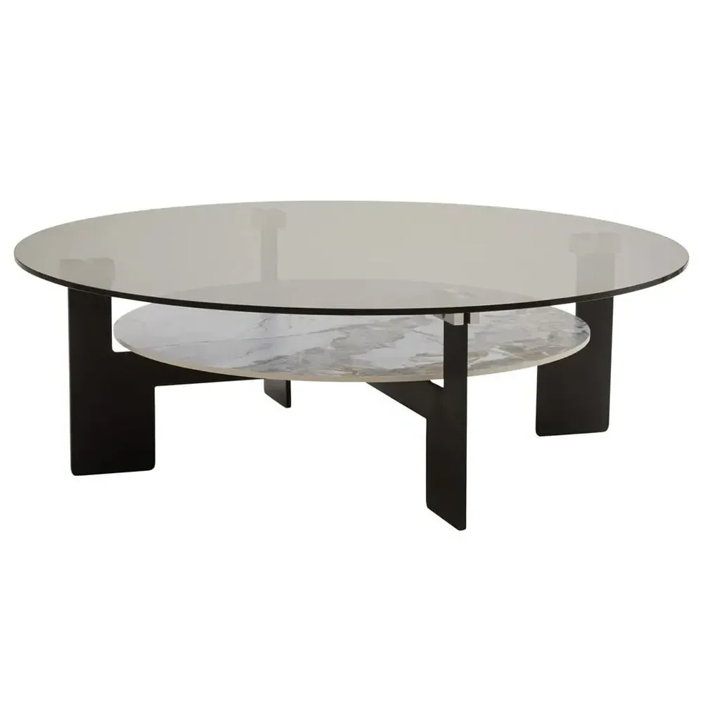 Ithaca Round Coffee Table with Storage - Grey, Glass