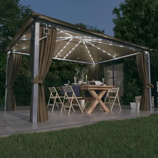 Ivan 4m x 3m Gazebo with Curtains and LED Lights - Taupe