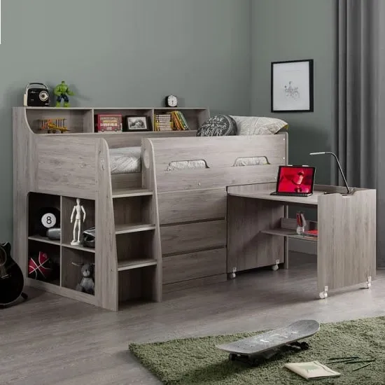 Jadiel Single Midsleeper Bed with Storage and Desk - Grey Oak