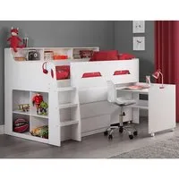 Jadiel Single Midsleeper Bed with Storage and Desk - White