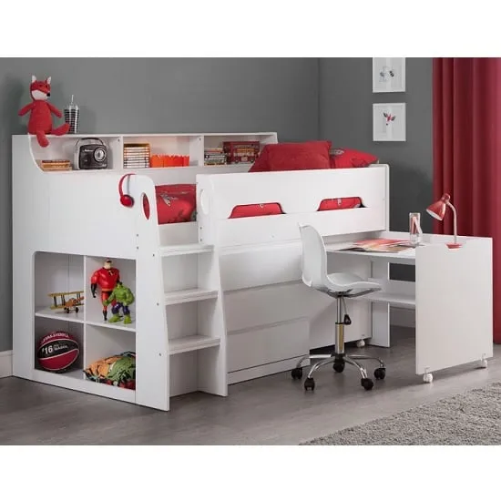Jadiel Single Midsleeper Bed with Storage and Desk - White