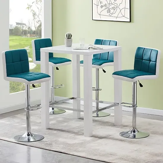 Jam Square Bar Table Set with 4 Copez Stools - Teal, Glass