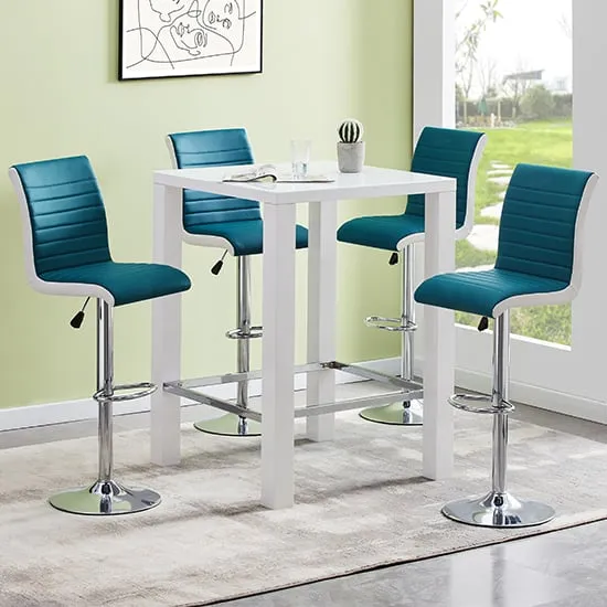Jam Square Bar Table Set with 4 Ritz Stools - Teal, Glass