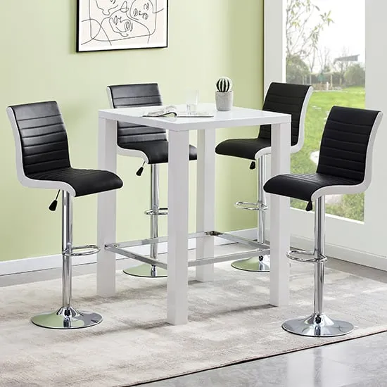 Jam Square Bar Table Set with 4 Ritz Stools - White, Glass