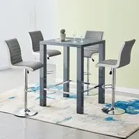 Jam Square Bar Table Set with 4 Stools - Grey, Glass