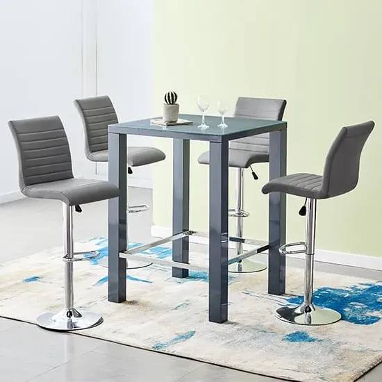 Jam Square Bar Table Set with 4 Stools - Grey, Glass