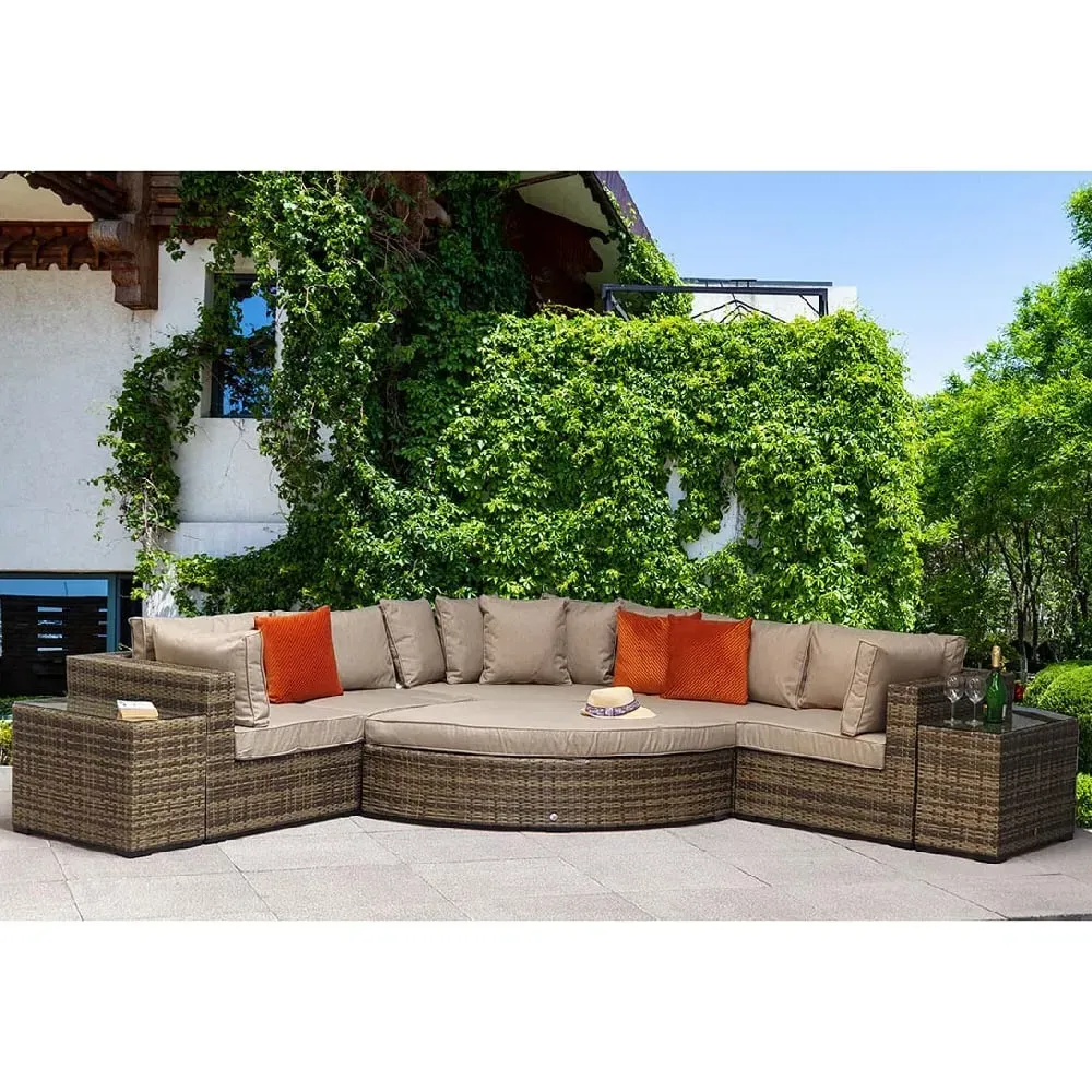 Jeana Rattan Corner Sofa Set with 2 Side Tables - Brown