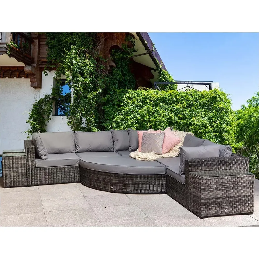 Jeana Rattan Corner Sofa Set with 2 Side Tables - Grey