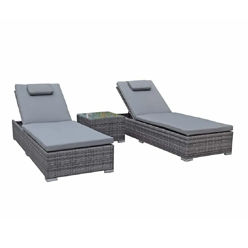 Jeana Rattan Garden Sun Loungers with Drink Table - Grey image