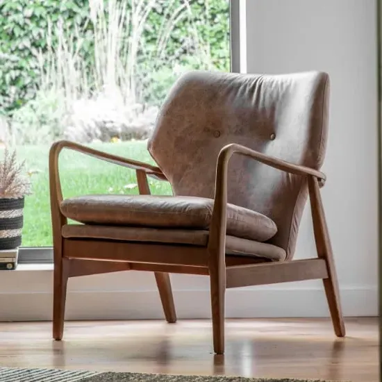 Jenson Leather Armchair with Wooden Legs - Brown