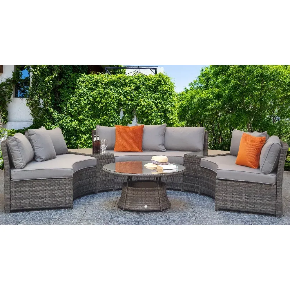 Jeren Half Moon Garden Sofa Set with Coffee Table - Grey, Rattan