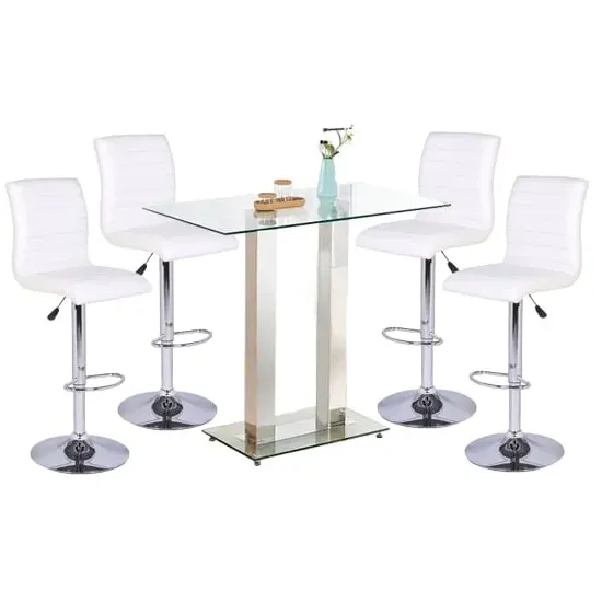 Jet Bar Table with 4 Ripple White Stools - Clear, Glass