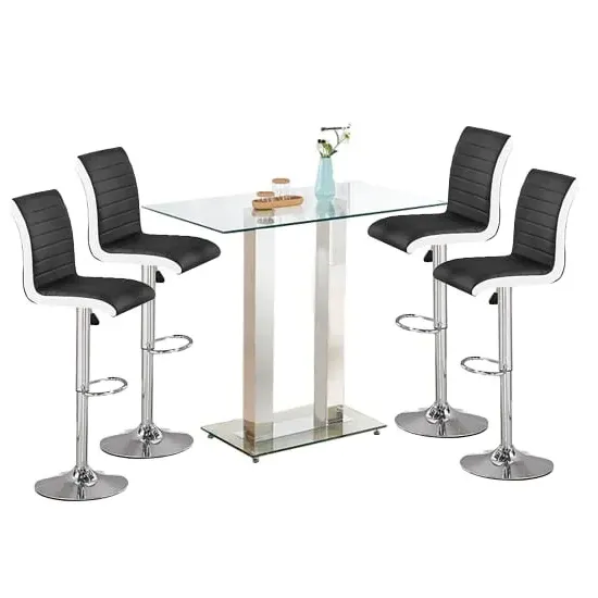 Jet Bar Table with 4 Ritz Black White Stools - Clear, Glass
