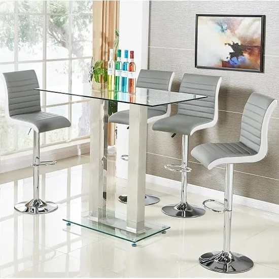 Jet Bar Table with 4 Ritz Grey White Stools - Clear, Glass