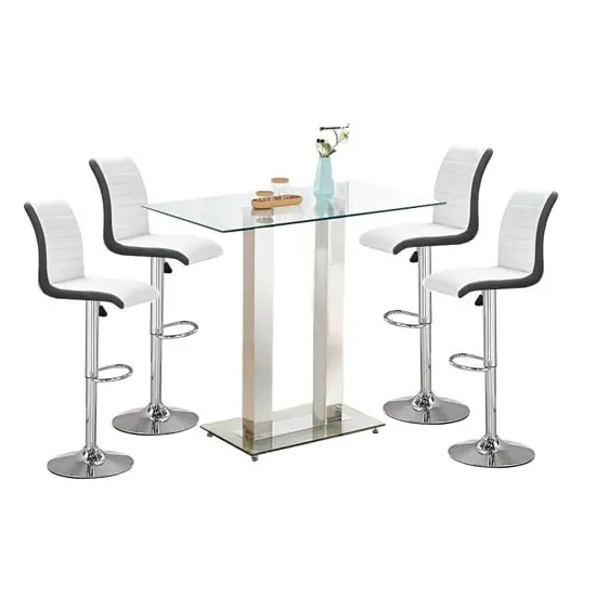 Jet Bar Table with 4 Ritz White Black Stools - Clear, Glass