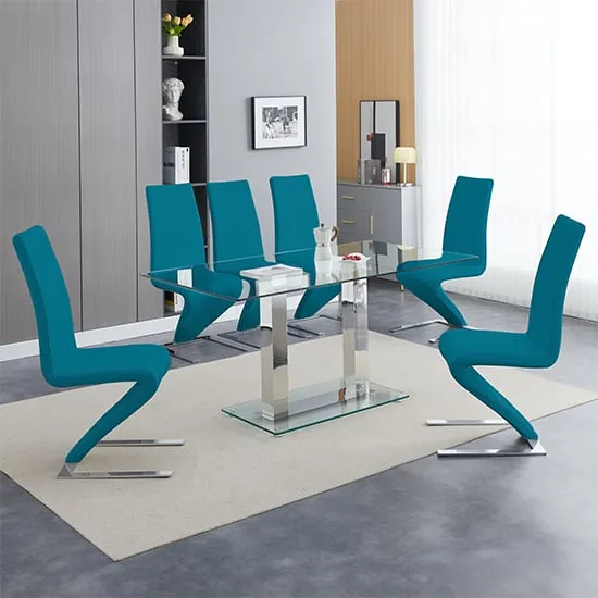 Jet Large Dining Table Set with 6 Demi Z Chairs - Teal, Glass
