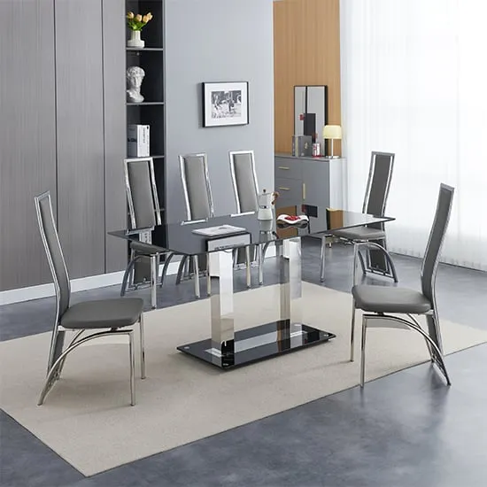Jet Large Dining Table with 6 Chicago Chairs - Black Glass
