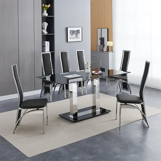 Jet Large Dining Table with 6 Chicago Chairs - Black Glass