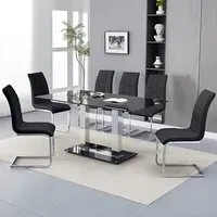 Jet Large Dining Table with 6 Paris Chairs - Black Glass, Black