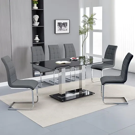 Jet Large Dining Table with 6 Paris Chairs - Black Glass, Grey
