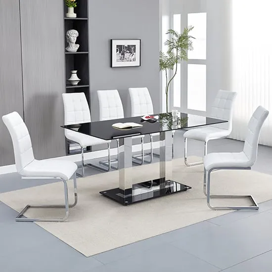 Jet Large Dining Table with 6 Paris Chairs - Black Glass, White