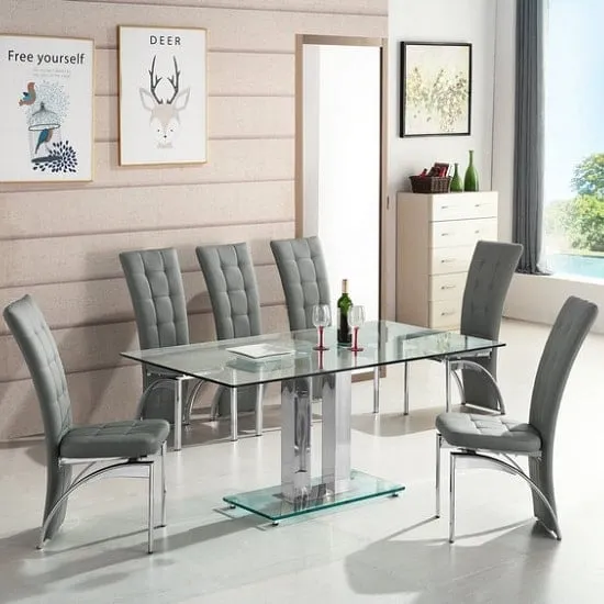 Jet Large Dining Table with 6 Ravenna Chairs - Grey, Glass