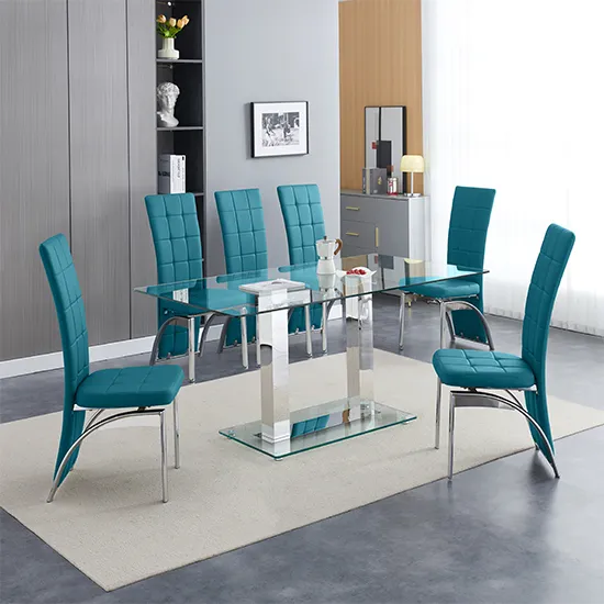 Jet Large Dining Table with 6 Ravenna Chairs - Teal, Glass