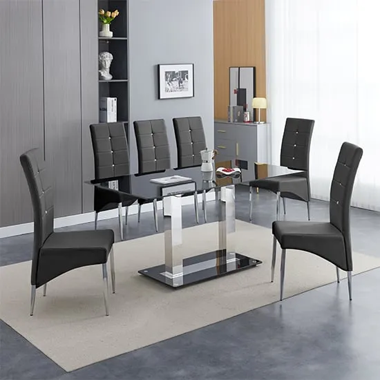 Jet Large Dining Table with 6 Vesta Chairs - Black Glass