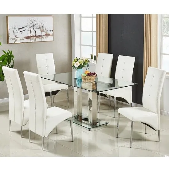 Jet Large Dining Table with 6 Vesta Chairs - White, Glass