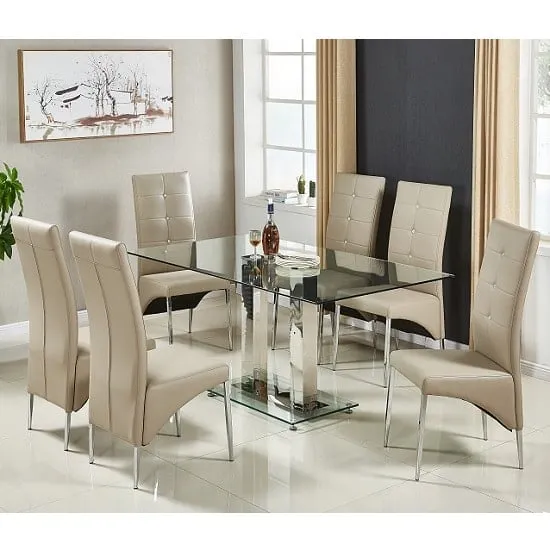 Jet Large Glass Dining Table with 6 Vesta Chairs - Taupe