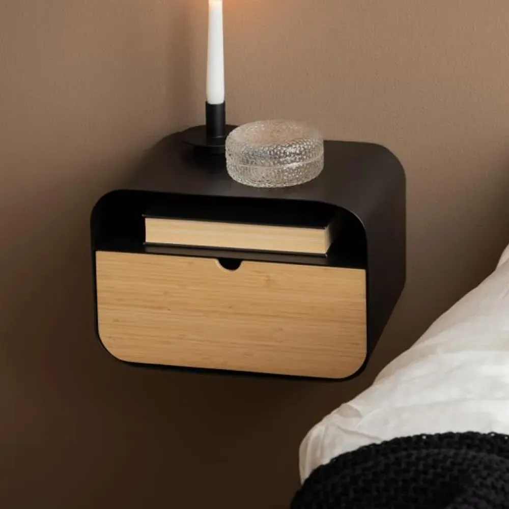Jicama Wall Hung Bedside Cabinet with Drawer - Black, Oak