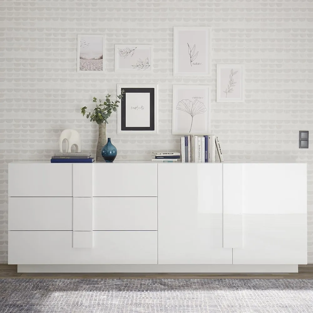 Jining High Gloss Sideboard with 2 Doors 3 Drawers - White
