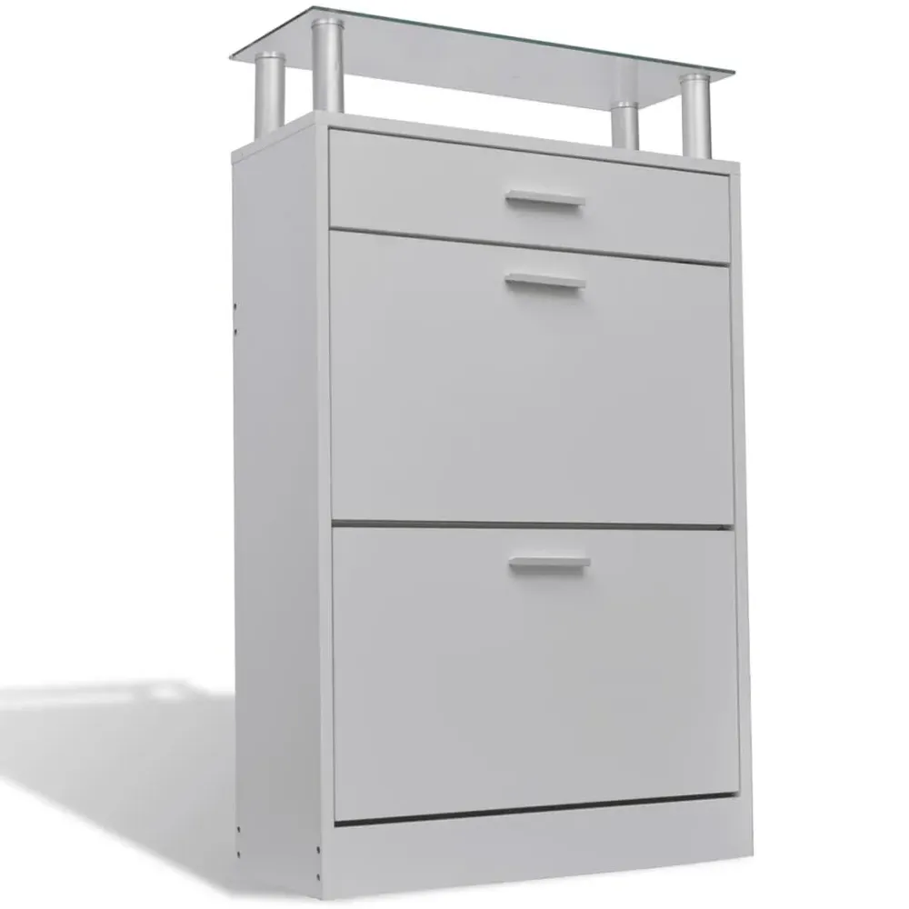 Juneau Glass Top Shoe Storage Cabinet - White, Engineered Wood product