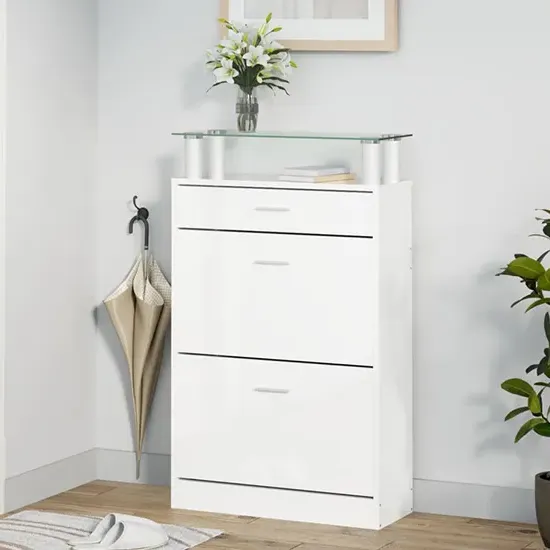 Juneau Shoe Storage Cabinet with Drawers - White, High Gloss product