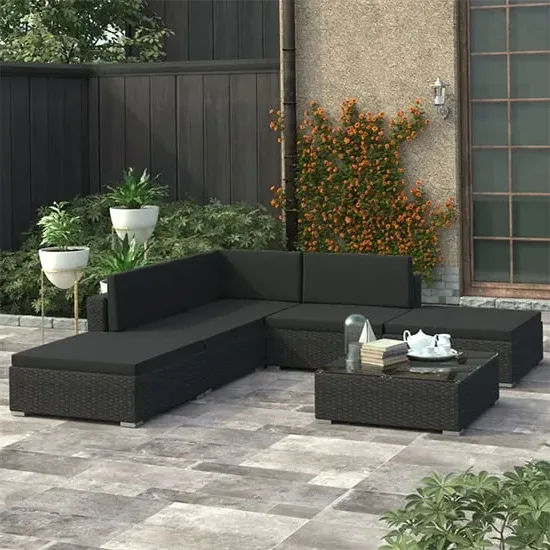 Kaira 6 Piece Rattan Garden Lounge Set with Cushions - Black