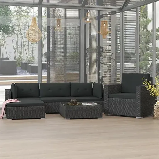 Kairu 6 Piece Rattan Garden Lounge Set with Cushions - Black