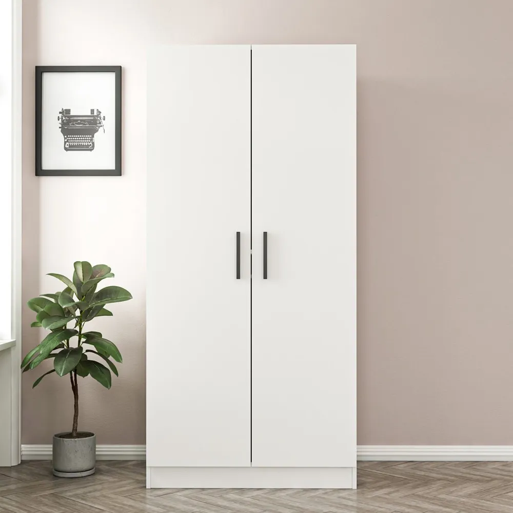 Kale 2-Door Wardrobe with Shelves and Hanging Rail - White, Melamine product