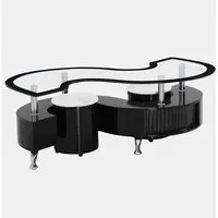 Kalida Glass Coffee Table with 2 Stools - Black, Glass